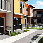 **Prompt:** Modern multi-family housing with pet-friendly amenities: dog park, secure balconies, communal pet washing station, happy residents with dogs. Bright, airy, contemporary design.