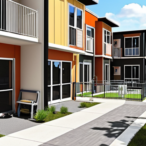 Home 6 **Prompt:** Modern multi-family housing with pet-friendly amenities: dog park, secure balconies, communal pet washing station, happy residents with dogs. Bright, airy, contemporary design.