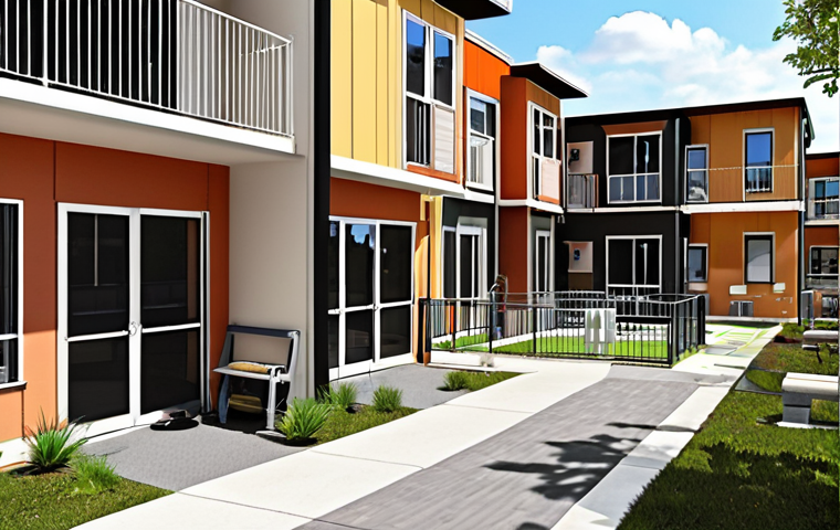 **Prompt:** Modern multi-family housing with pet-friendly amenities: dog park, secure balconies, communal pet washing station, happy residents with dogs. Bright, airy, contemporary design.
